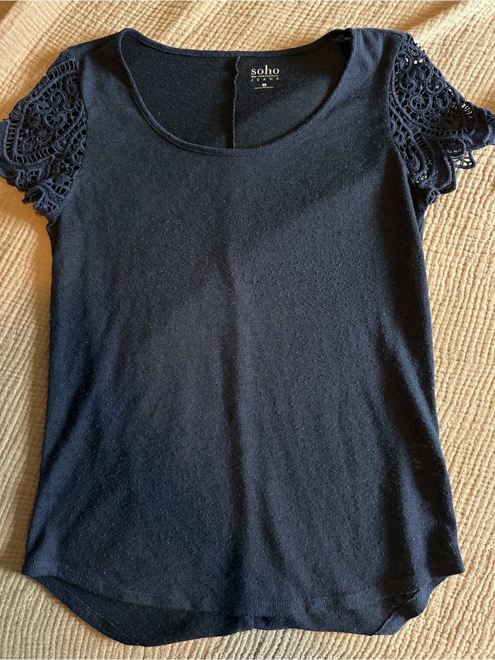Soho Navy Blue Crochet Sleeve Scoop Neck Top